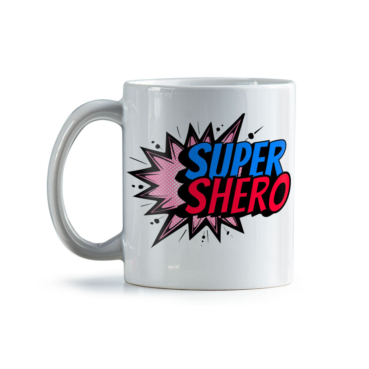 A white ceramic coffee mug with the phrase 'SUPER SHERO' in bold, colorful comic book-style lettering, featuring a burst effect in the background.