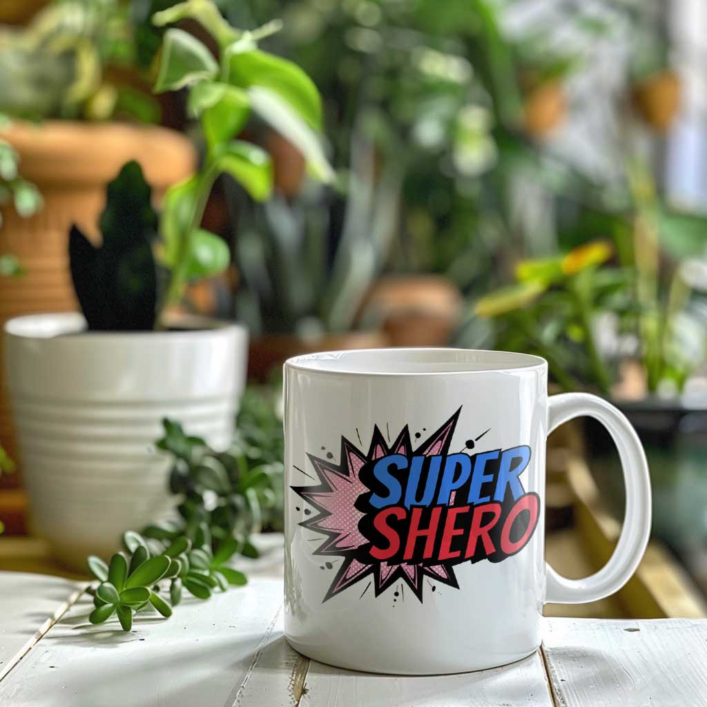 A white ceramic coffee mug with the phrase 'SUPER SHERO' in bold, colorful comic book-style lettering, featuring a burst effect in the background. Plants in the background.